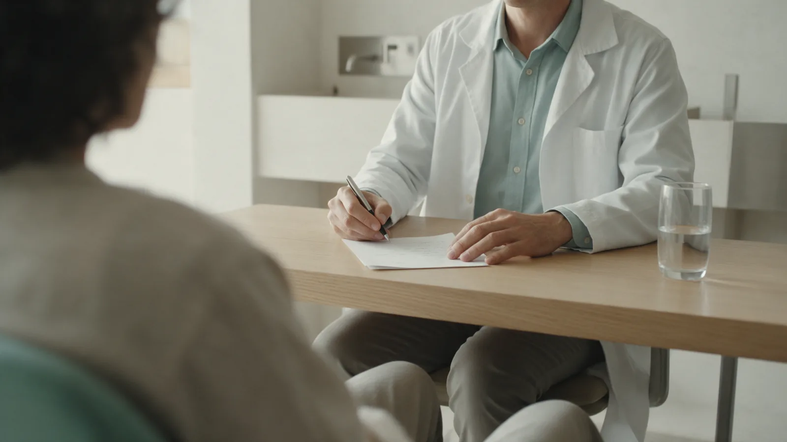 Consulta em andamento: um médico de jaleco escreve anotações em papel enquanto ouve um paciente sentado do outro lado da mesa.