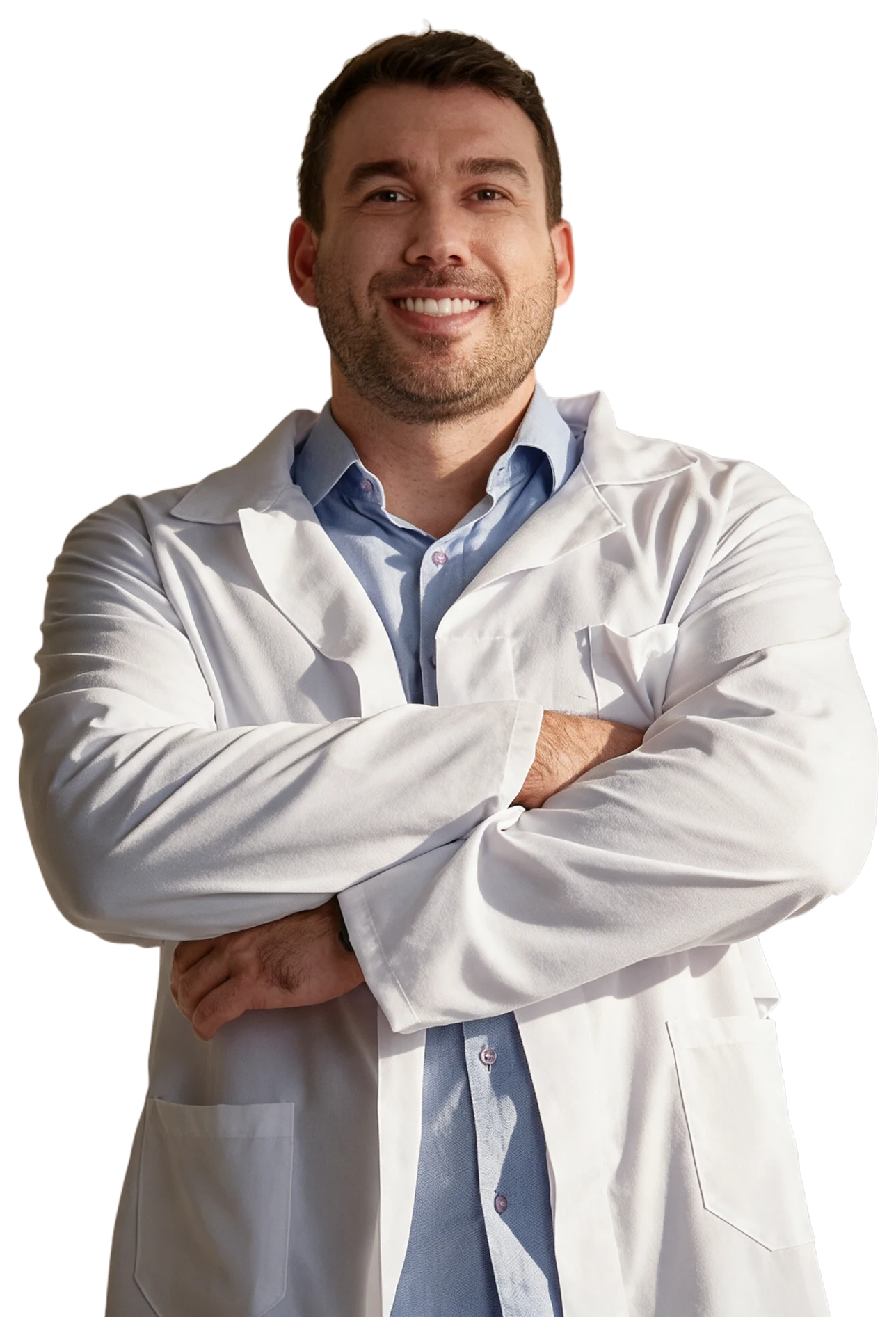 Dr. Waldir Altmann Junior, de jaleco branco, braços cruzados.